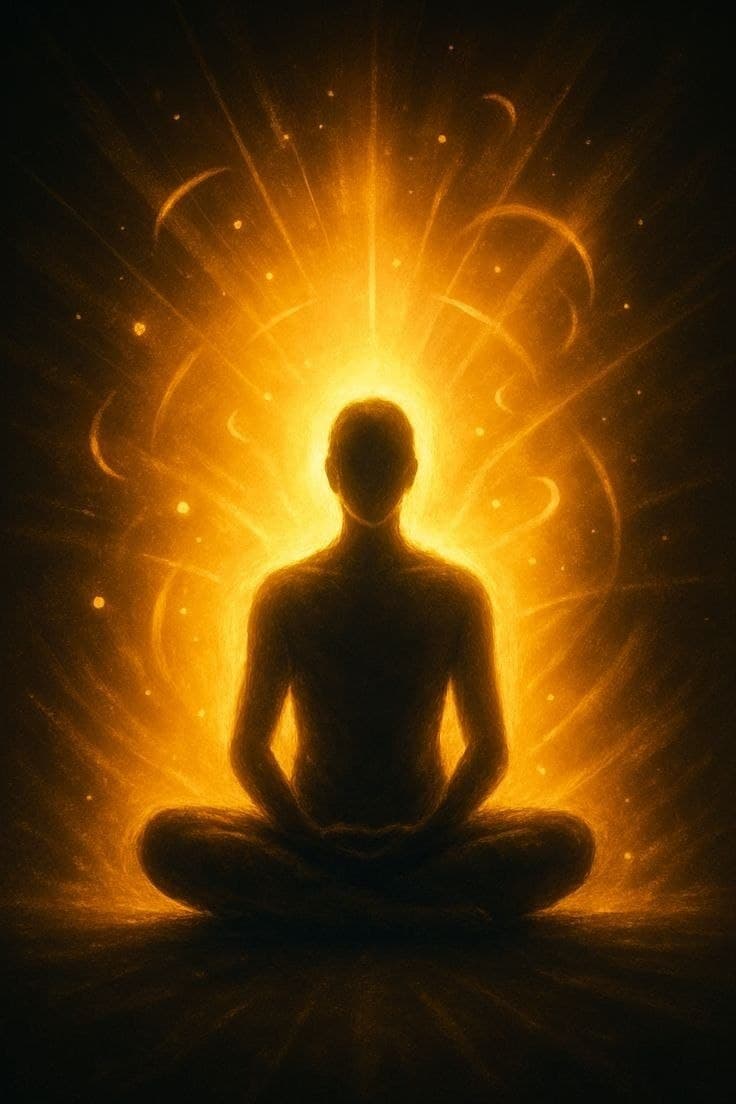 Meditation silhouette with golden aura